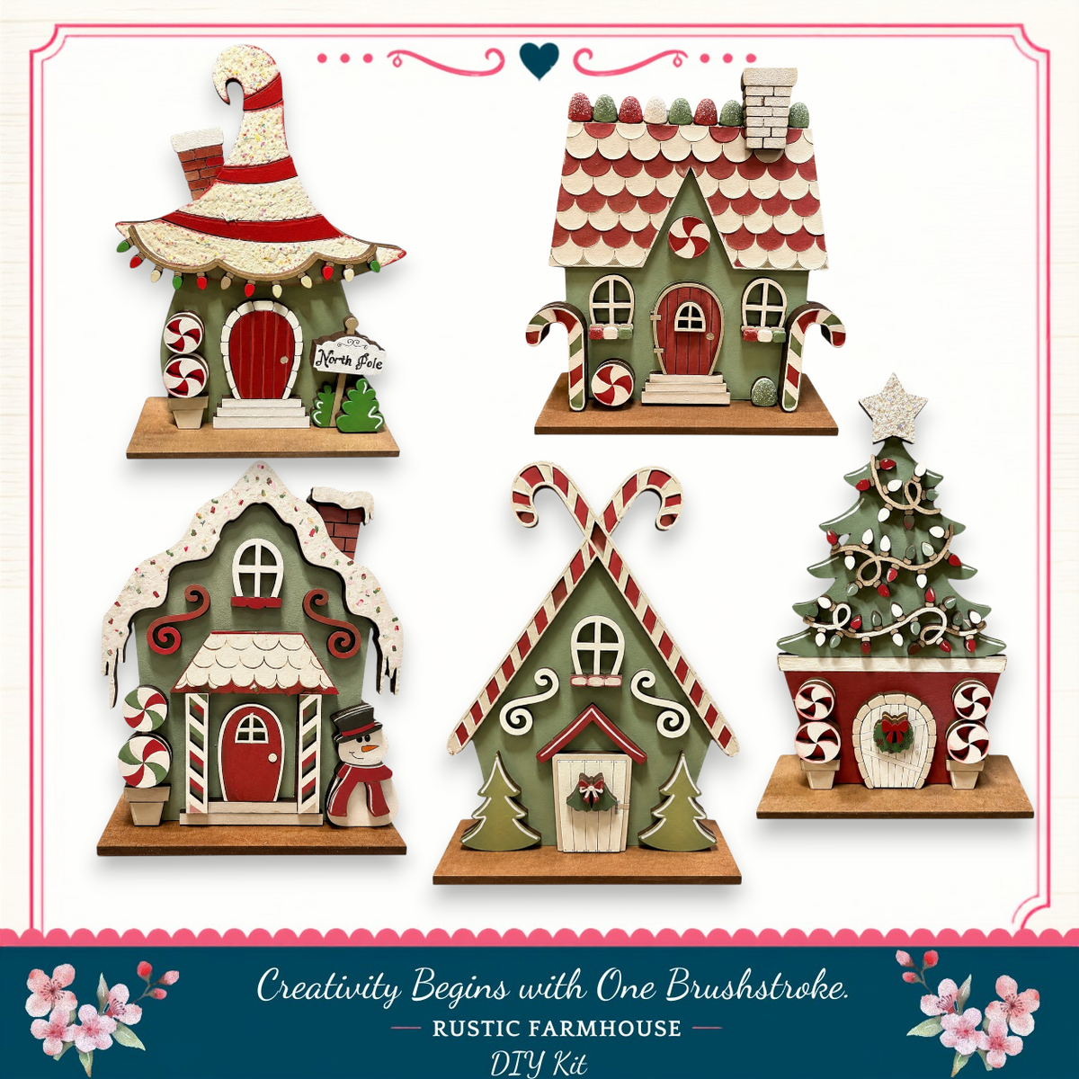 The image is a collage of four different holiday-themed wooden houses, each with unique decorations and designs. The houses are arranged in a row, showcasing various styles and colors. The image does not contain any text, and the focus is on the visual appeal of the holiday-themed houses.
