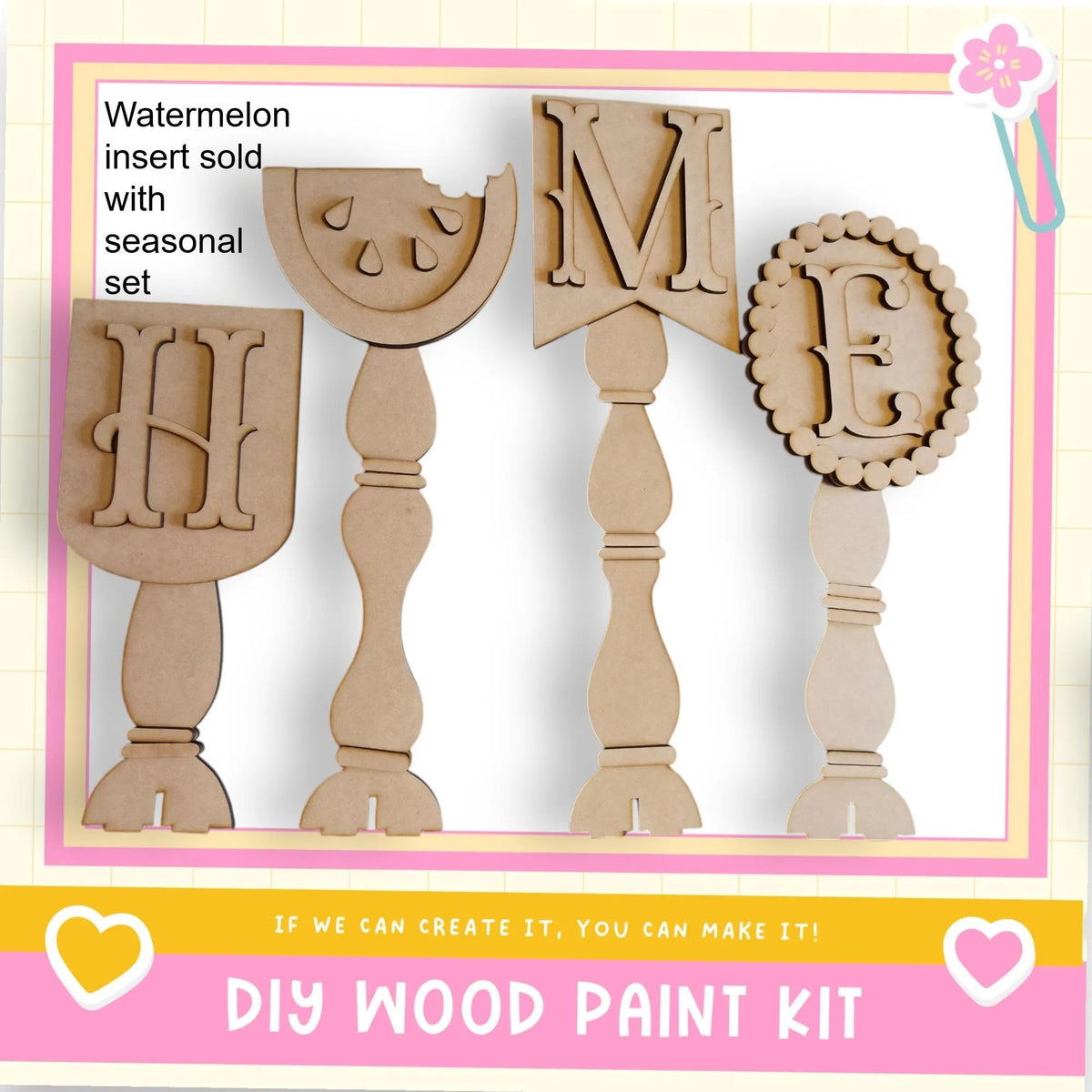 a DIY wood paint kit, with four wooden letters and a heart-shaped cutout, all set against a pink and white background.