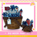 two wooden baskets filled with colorful fireworks, along with a sign that reads "DIY WOOD PAINT KIT" and a rainbow-colored rainbow icon.