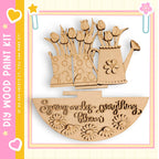 a DIY wood paint kit for creating a spring-themed flower arrangement. The kit includes a wooden paint set and instructions for creating a wooden flower pot. The kit is designed to allow users to create a spring-themed flower arrangement using the provided wooden paint set.