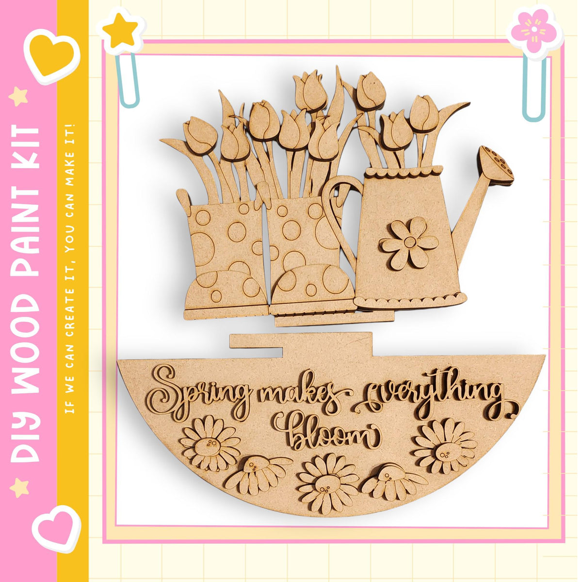 a DIY wood paint kit for creating a spring-themed flower arrangement. The kit includes a wooden paint set and instructions for creating a wooden flower pot. The kit is designed to allow users to create a spring-themed flower arrangement using the provided wooden paint set.