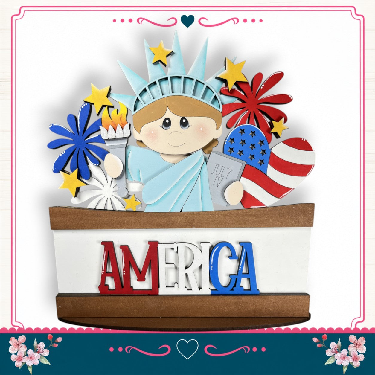 A collage of various patriotic symbols and decorations, including the Statue of Liberty, fireworks, and the word "AMERICA" in bold letters.
