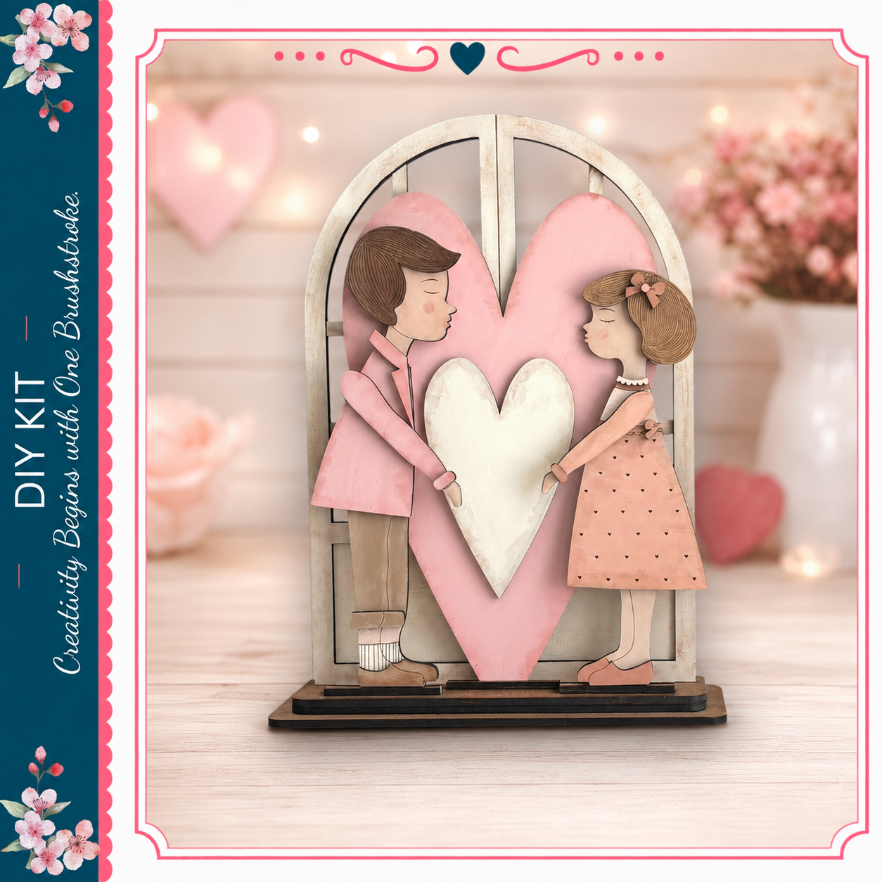 A wooden heart-shaped frame with two cartoon-style figures inside it, one male and one female, standing close together.