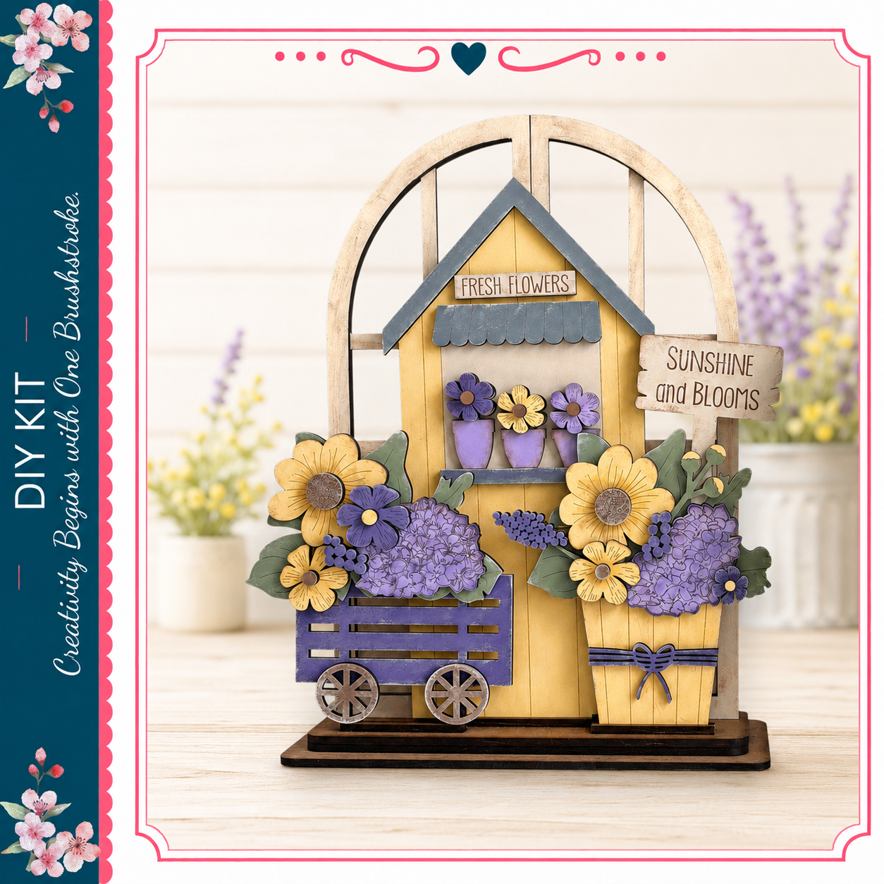 A wooden flower shop display with a yellow arch, purple flowers, and a sign that says "Fresh Flowers" and "Sunshine and Beems".