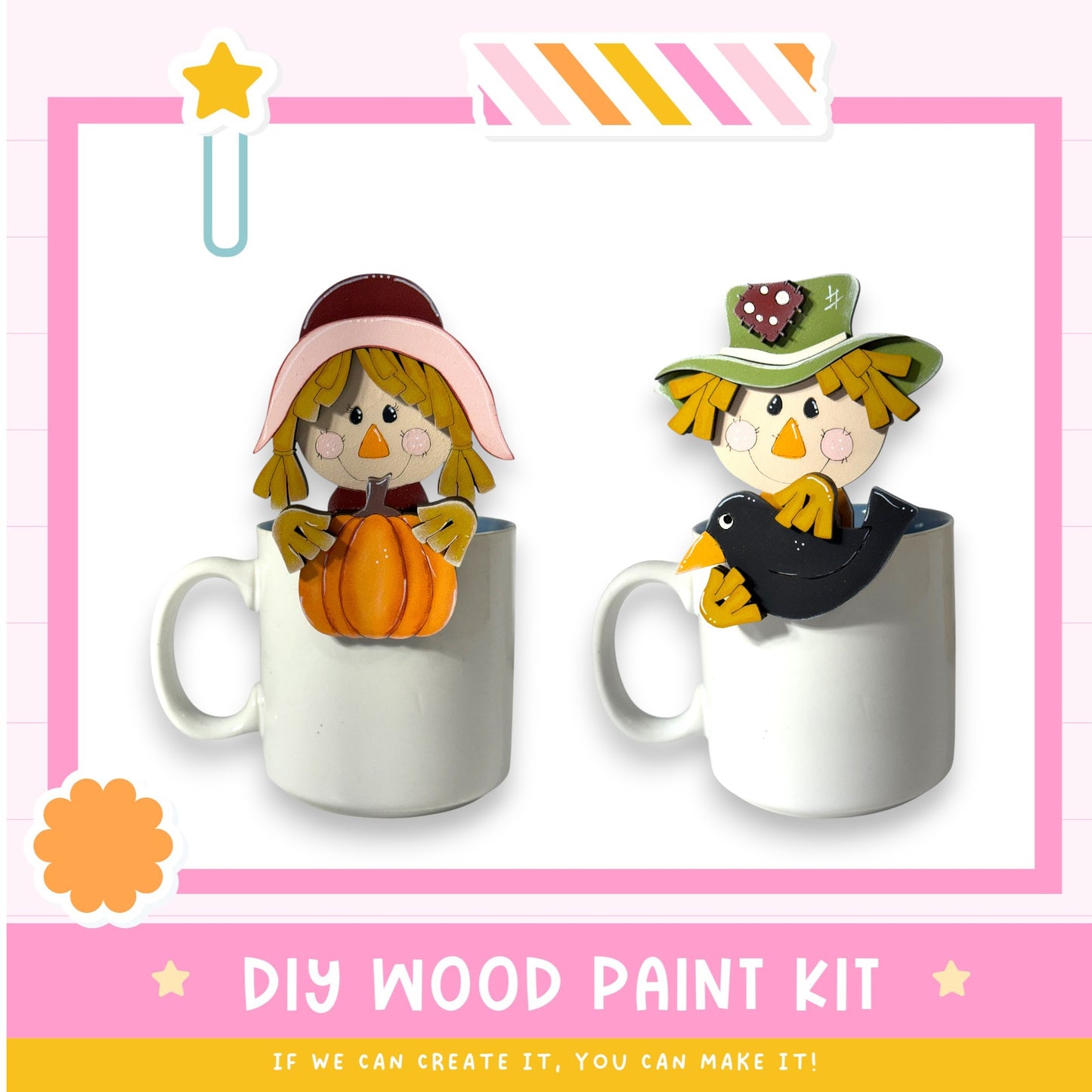 two ceramic mugs with wooden scarecrow figures painted on them, along with a DIY wood paint kit and a star decoration.