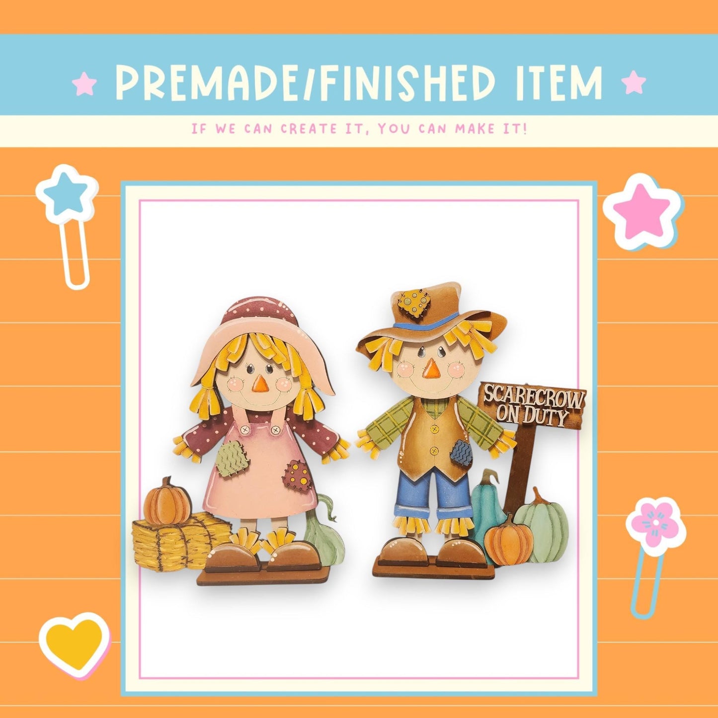 two scarecrow figures, one male and one female, standing next to each other. They are surrounded by various fall-themed items, such as pumpkins, gourds, and a sign that reads "Scarecrow on Duty". The background of the image is orange, and there are stars and hearts scattered throughout the scene.