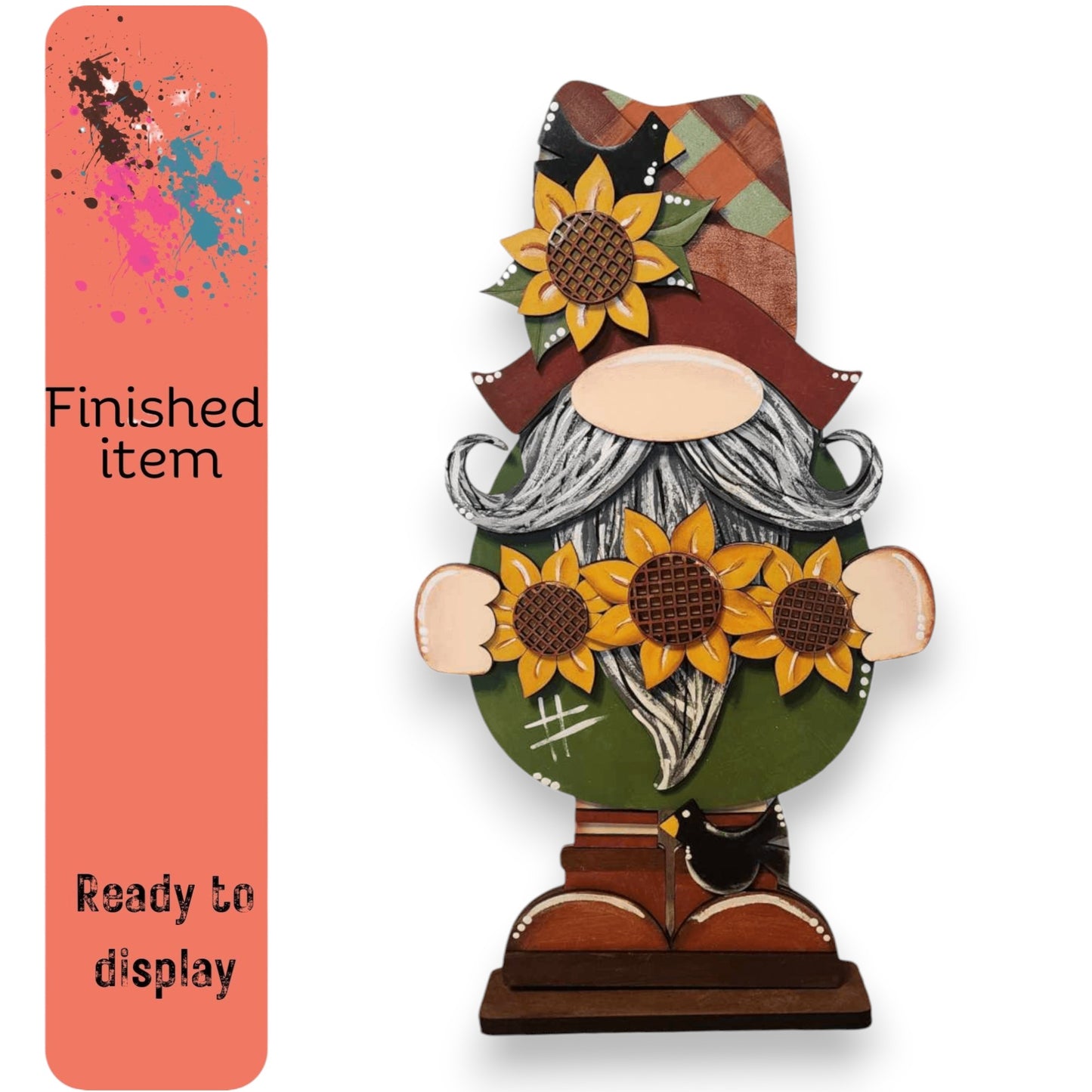 a wooden statue of a gnome with sunflowers