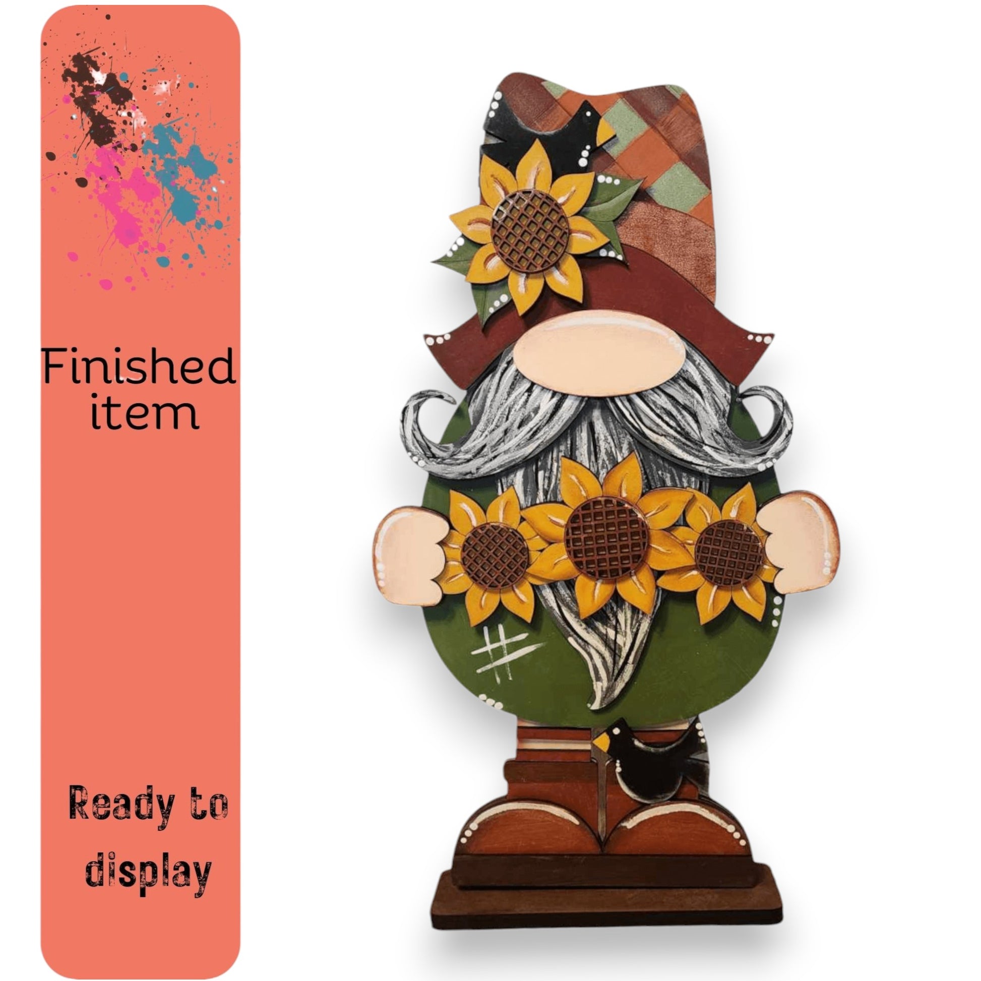 a wooden statue of a gnome with sunflowers