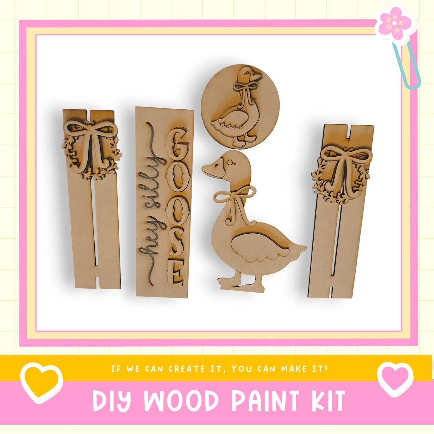 a DIY wood paint kit with various wooden shapes and designs, including a duck and a bow, displayed on a white background.
