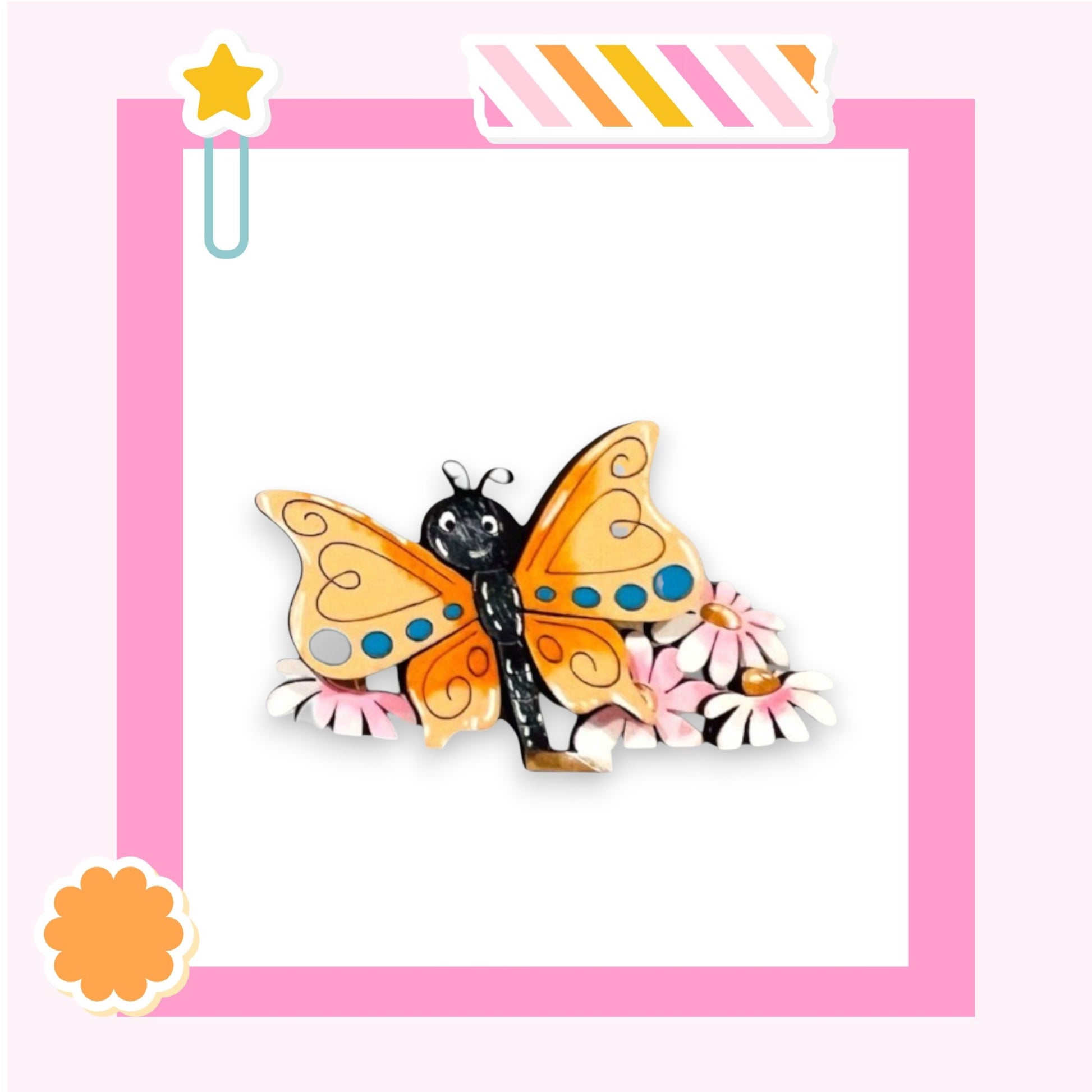 A colorful butterfly with orange wings and blue spots is depicted against a pink background, surrounded by pink and white flowers.