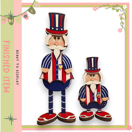 two wooden cutouts of Uncle Sam, a well-known American figure, dressed in patriotic attire and standing next to each other.