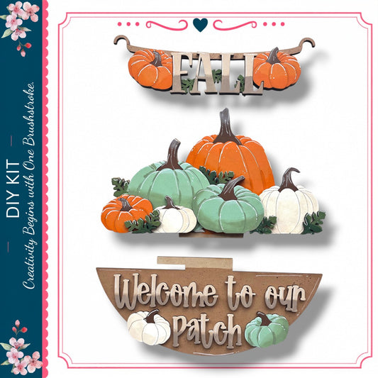 a collection of fall-themed elements, including pumpkins, leaves, and a wooden sign. The pumpkins are of various sizes and colors, and the leaves are scattered around them. The wooden sign reads "Welcome to our Patch".
