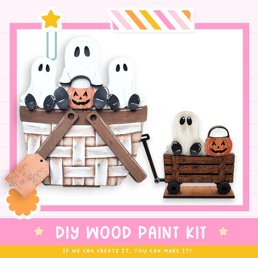 a DIY wood paint kit for creating Halloween decorations, including wooden figures and a wooden wagon.