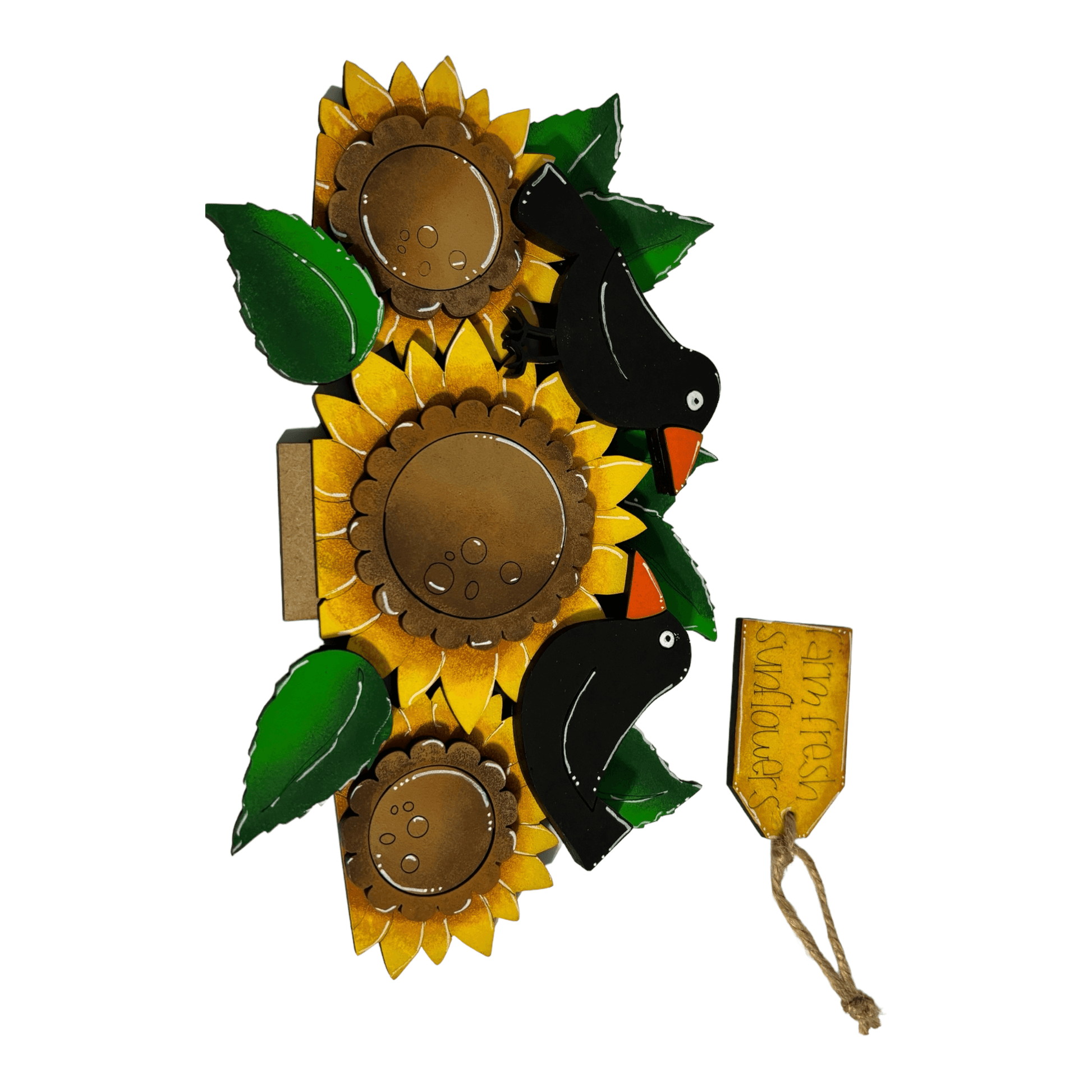 a sunflower and two birds are on a wall