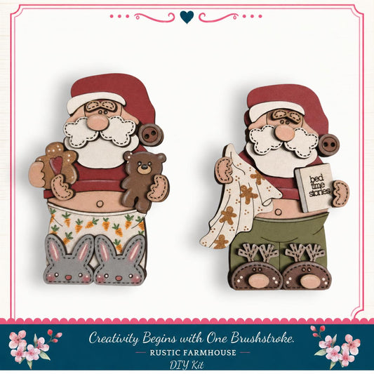 two wooden Santa Claus figurines, one wearing green pants and the other wearing red pants, holding various holiday-themed items such as a gingerbread man, a teddy bear, and a book.