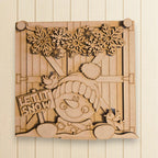 A wooden cutout of a snowman with a sign that says "LET IT SNOW" is displayed on a wall.