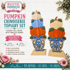 The image is an advertisement for a rustic farmhouse-style pumpkin chinosaire topiary set. It features two decorative pumpkin planters, one large and one small, with blue ribbons and bows on them. The planters are available in two sizes, 15.5" and 6.5" and 13" and 6.5" respectively. The ad highlights the elegance of the fall decor and the timeless charm of the chinosaire topiary set. It also mentions that the planters are available in wood paint kits and can be finished and ready to paint.