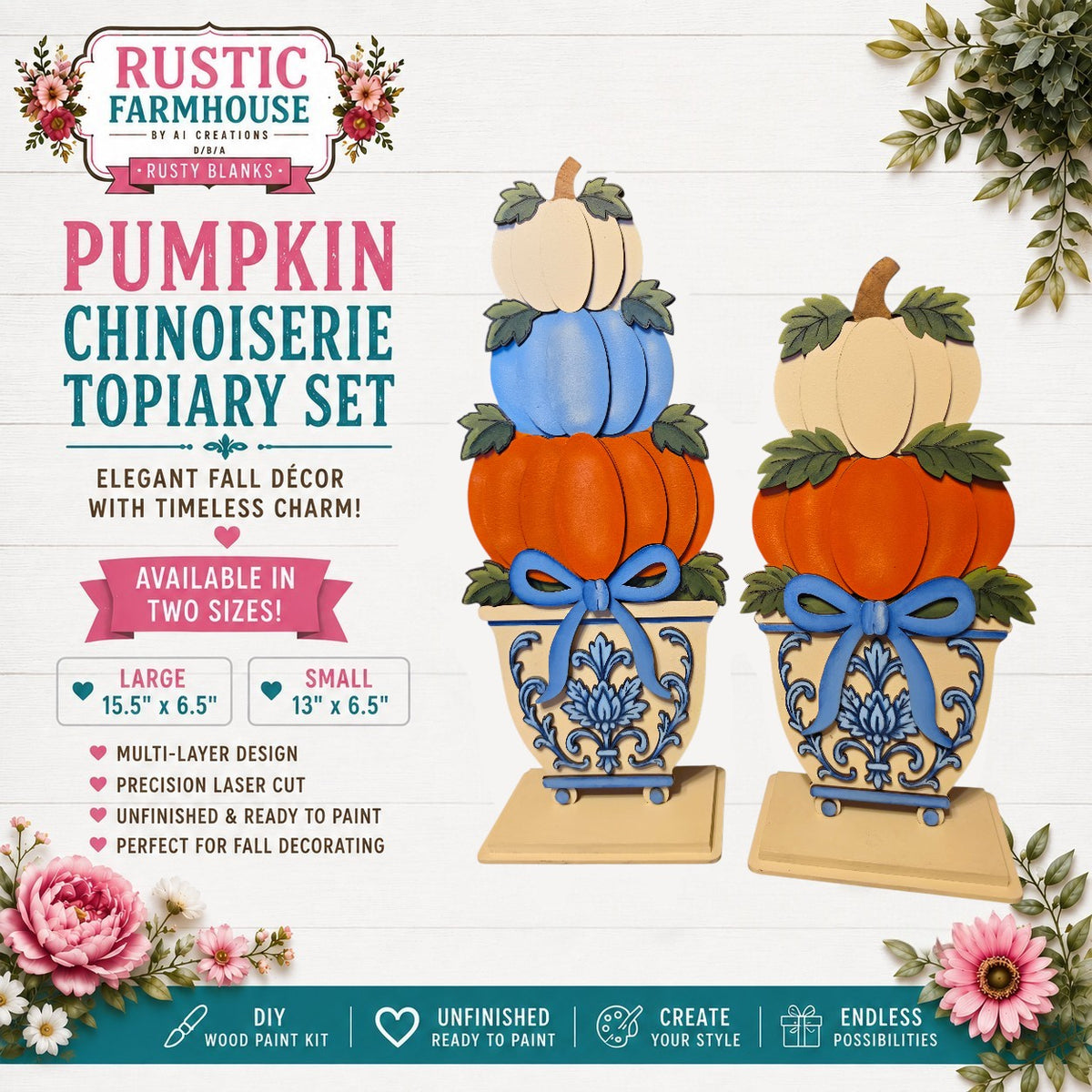 The image is an advertisement for a rustic farmhouse-style pumpkin chinosaire topiary set. It features two decorative pumpkin planters, one large and one small, with blue ribbons and bows on them. The planters are available in two sizes, 15.5" and 6.5" and 13" and 6.5" respectively. The ad highlights the elegance of the fall decor and the timeless charm of the chinosaire topiary set. It also mentions that the planters are available in wood paint kits and can be finished and ready to paint.