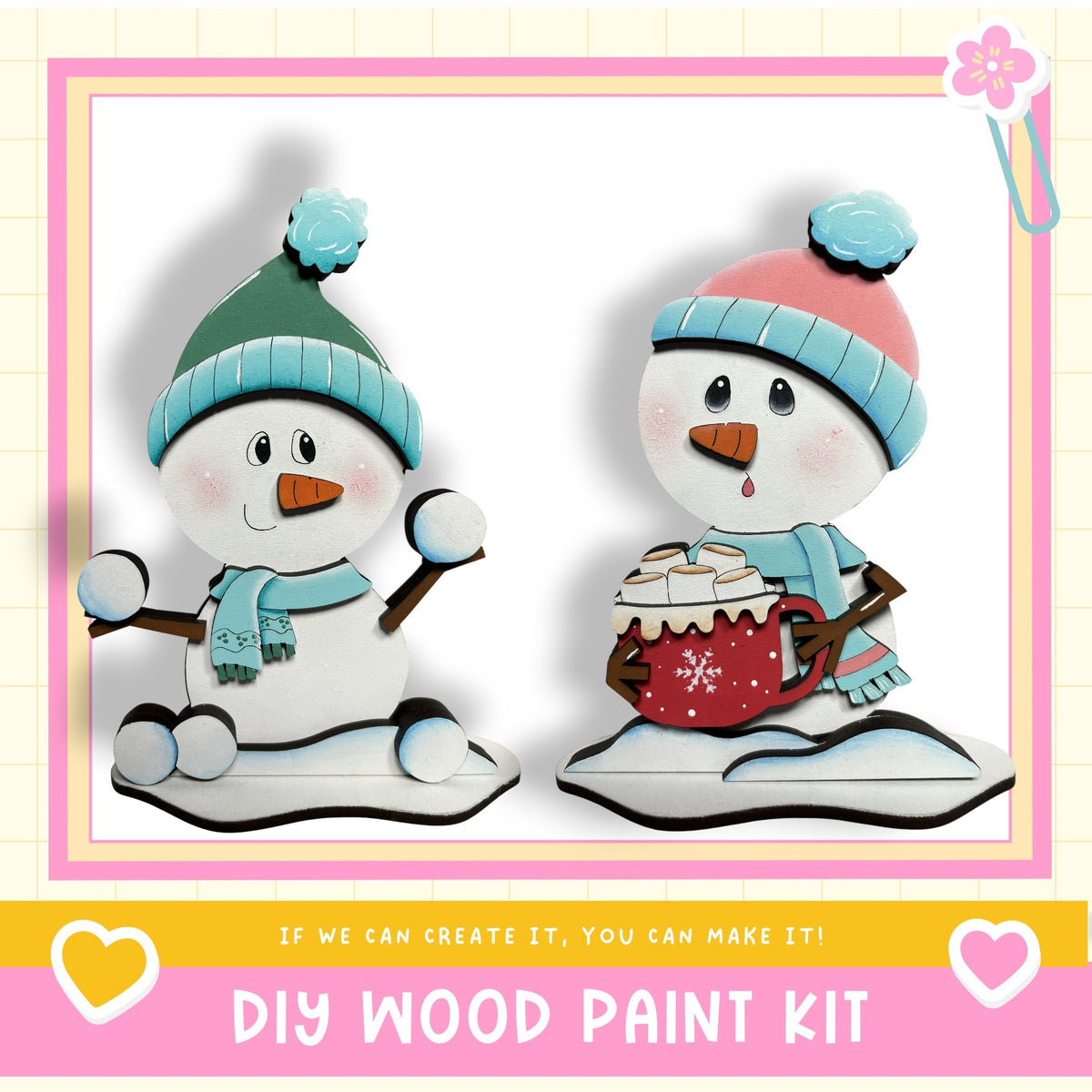 two snowmen, one holding a mug of hot chocolate and the other holding a snowflake, set against a pink and white background.