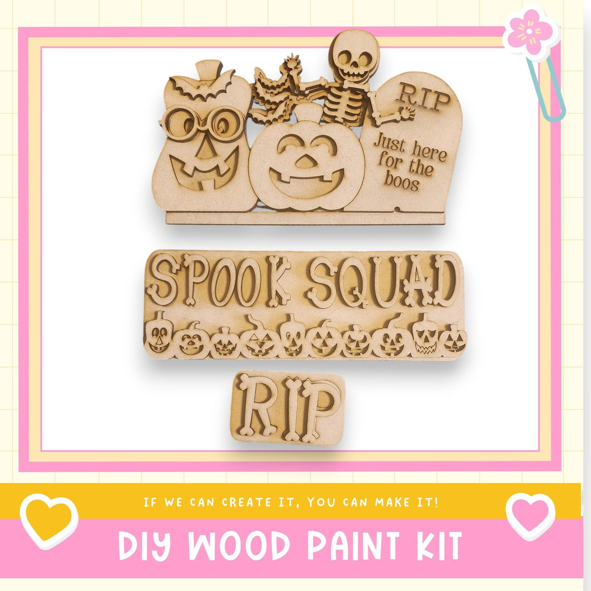 The image is a promotional poster for a DIY wood paint kit, featuring a skeleton, jack-o-lantern, and tombstone decoration.