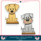 two cartoon dog illustrations, one brown and one gray, sitting on wooden platforms.
