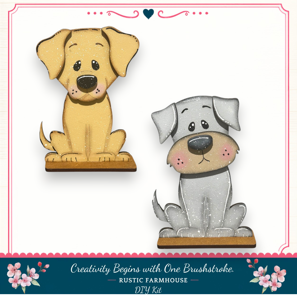 two cartoon dog illustrations, one brown and one gray, sitting on wooden platforms.