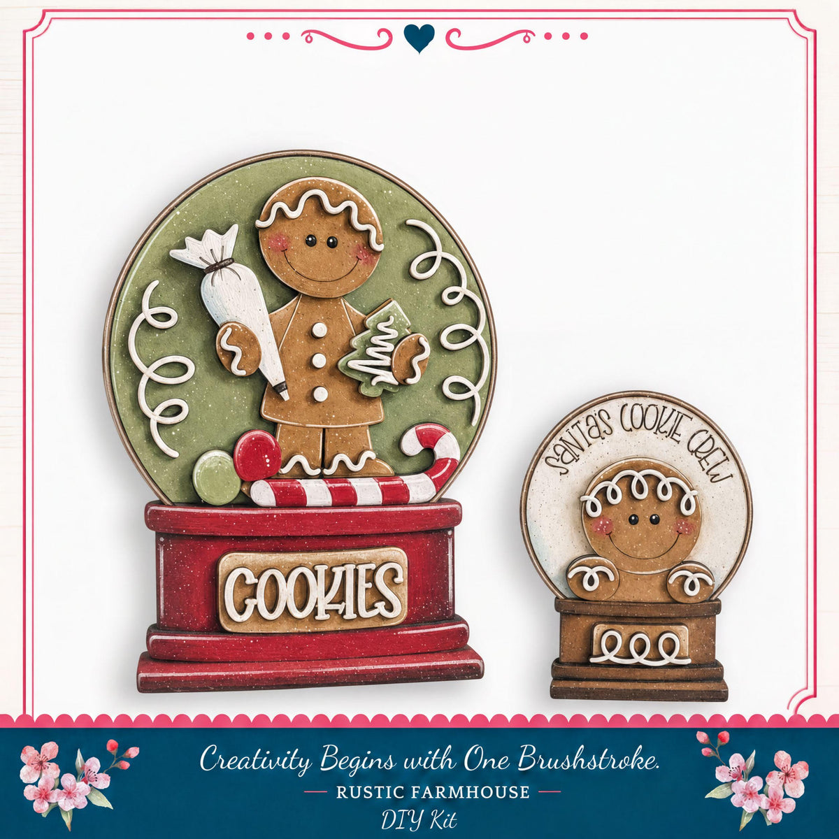 two gingerbread man figurines, one larger and one smaller, both holding candy canes and surrounded by a red and green snow globe. The larger snow globe has the word "Cookies" written on it, and the smaller one has the phrase "Santa's Cookie Crew" written on it. The snow globes are set against a white background, and there is a decorative border around the image.