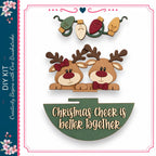 a festive scene with two wooden reindeer wearing bows, surrounded by Christmas lights and a green sign that reads "Christmas Cheek is better together".