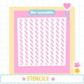 The image is a pink and white design with a heart-shaped sticker on the top right corner. The word "Re-useable" is displayed above the design, and the word "STENCILS" is written at the bottom of the image.