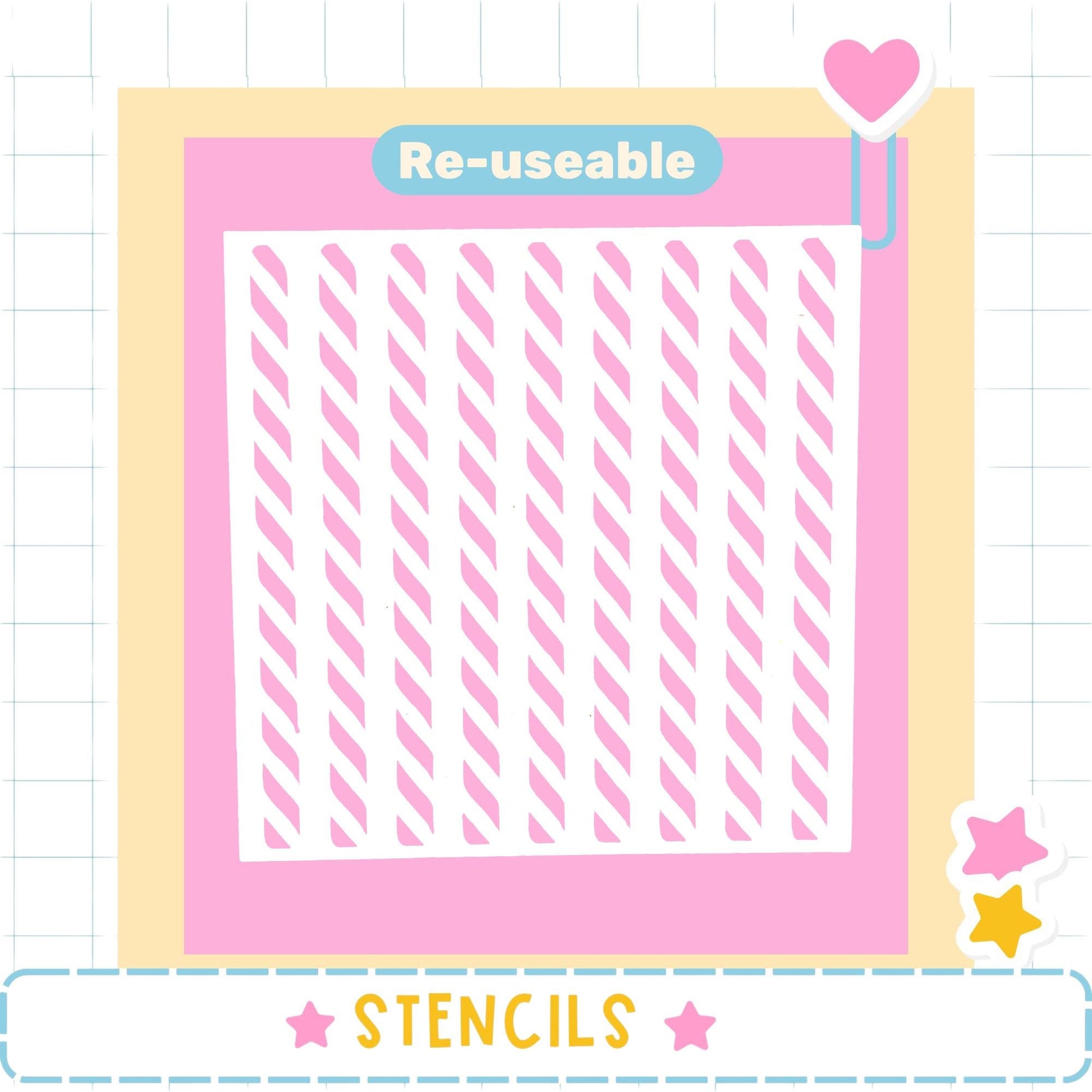 The image is a pink and white design with a heart-shaped sticker on the top right corner. The word "Re-useable" is displayed above the design, and the word "STENCILS" is written at the bottom of the image.