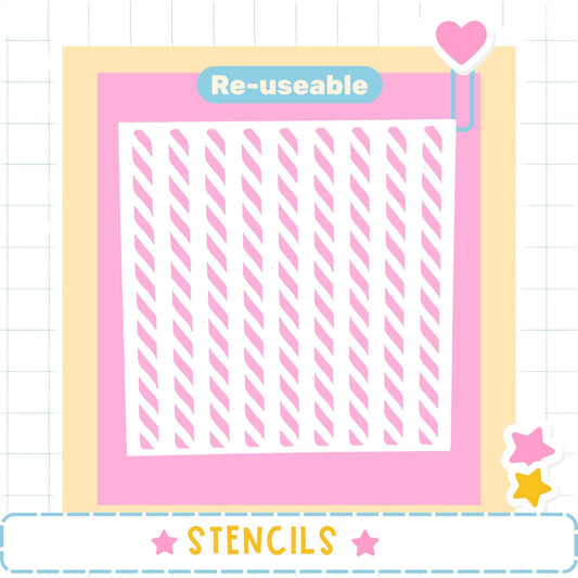 The image is a pink and white design with a heart-shaped sticker on the top right corner. The word "Re-useable" is displayed above the design, and the word "STENCILS" is written at the bottom of the image.