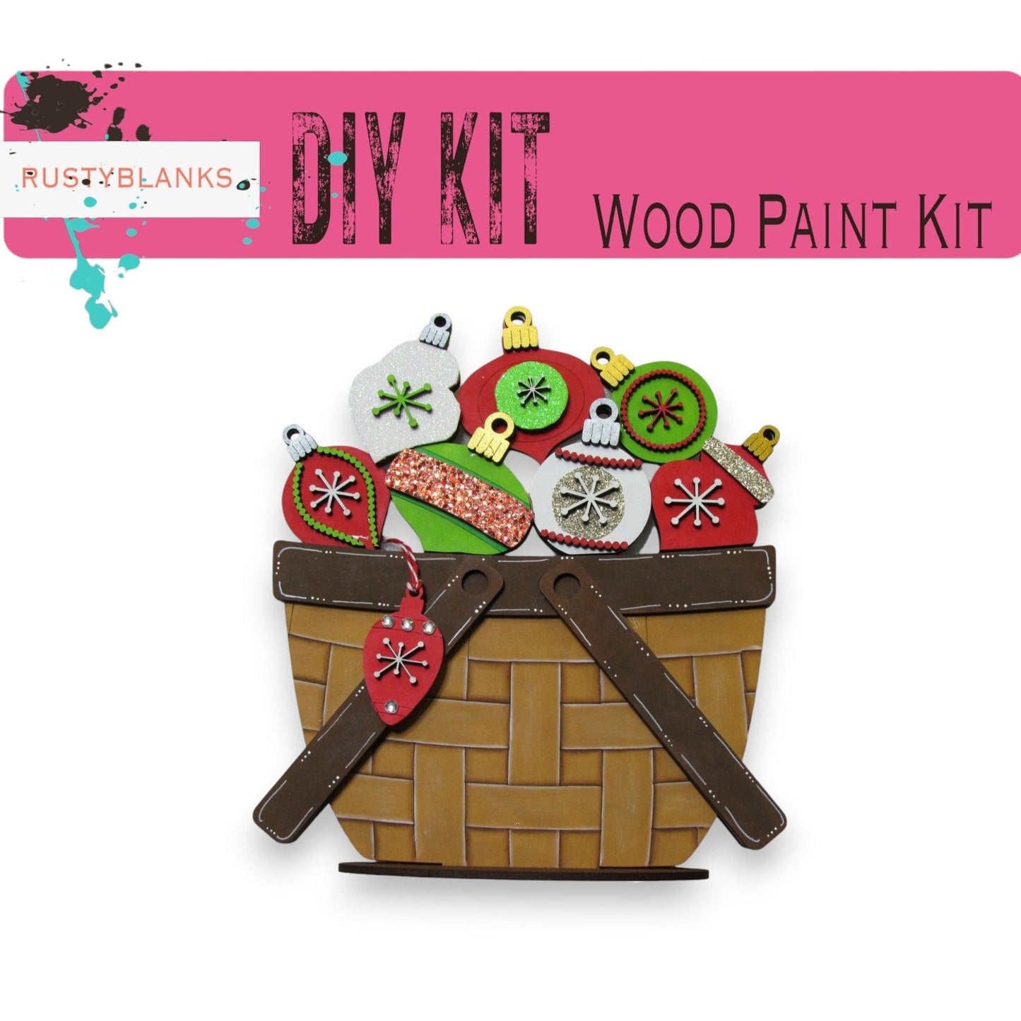 a wooden paint kit with a basket of items