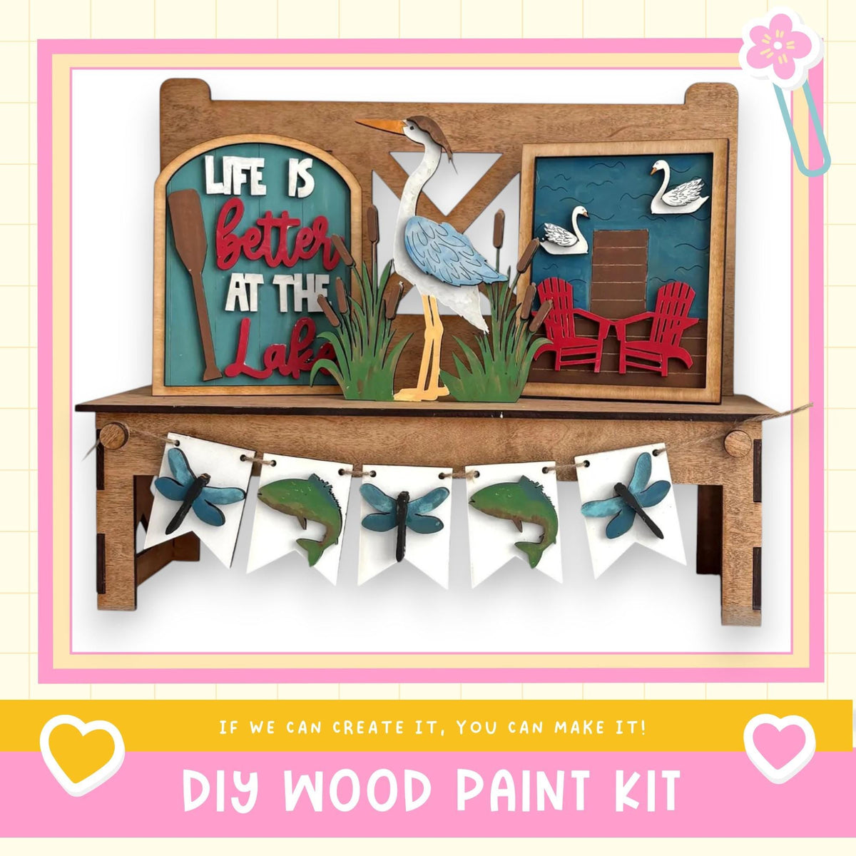 The image is a DIY wood paint kit featuring a wooden shelf with various decorative elements, including a bird, flowers, and a sign that says "Life is better at the lake".