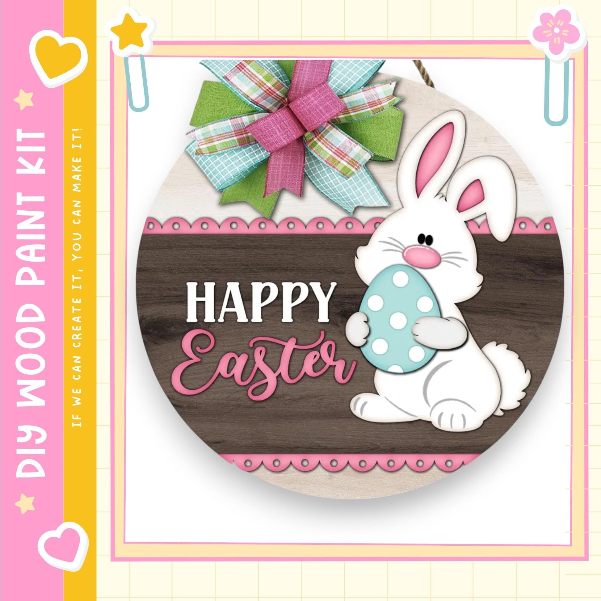 A wooden Easter sign with a cartoon bunny holding an Easter egg, surrounded by a bow and the text "Happy Easter".