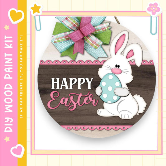 A wooden Easter sign with a cartoon bunny holding an Easter egg, surrounded by a bow and the text "Happy Easter".
