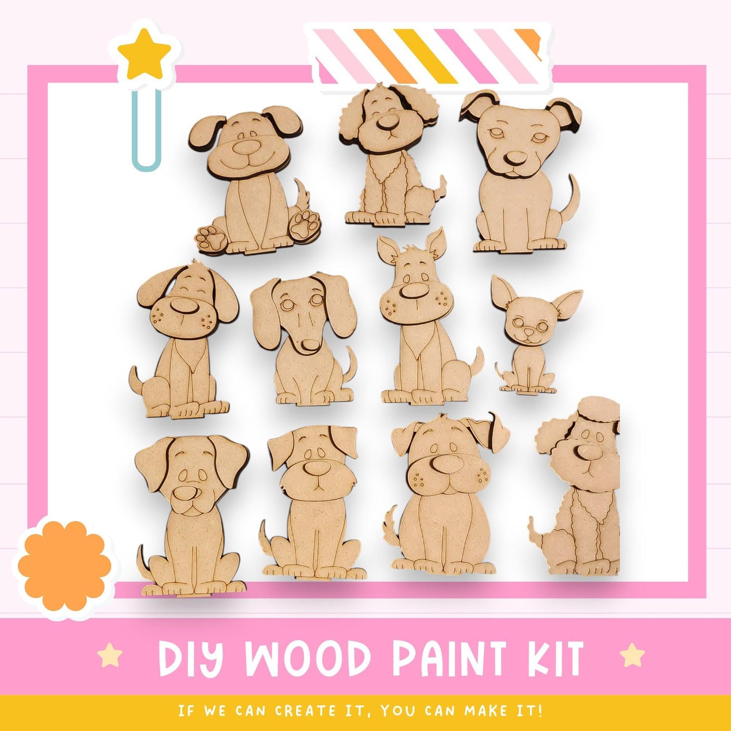 The image is a DIY wood paint kit featuring a collection of wooden dog figurines in various poses and expressions, along with a pink and white striped border.