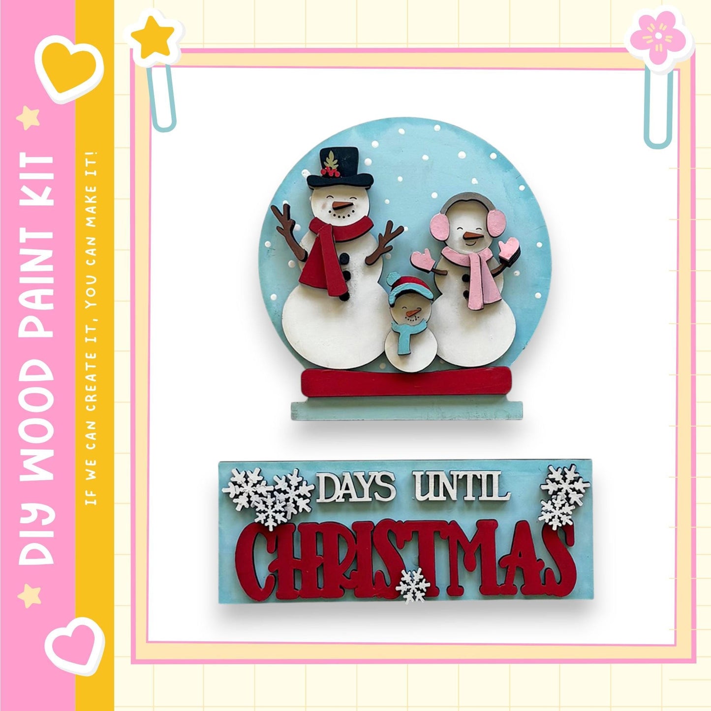 A snowman and two snowmen figures are displayed on a blue background, with a sign below that reads "DAYS UNTIL CHRISTMAS".