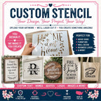 The image is an advertisement for a customizable stencil product that allows users to create their own designs, such as home decor items and business logos. It features various examples of stencil designs, including a "Home" stencil, a "Full for Jesus" stencil, and a "Eagles" stencil. The ad highlights the product's ability to create custom text, quotes, logos, and images, and emphasizes the convenience and versatility of the stencils.