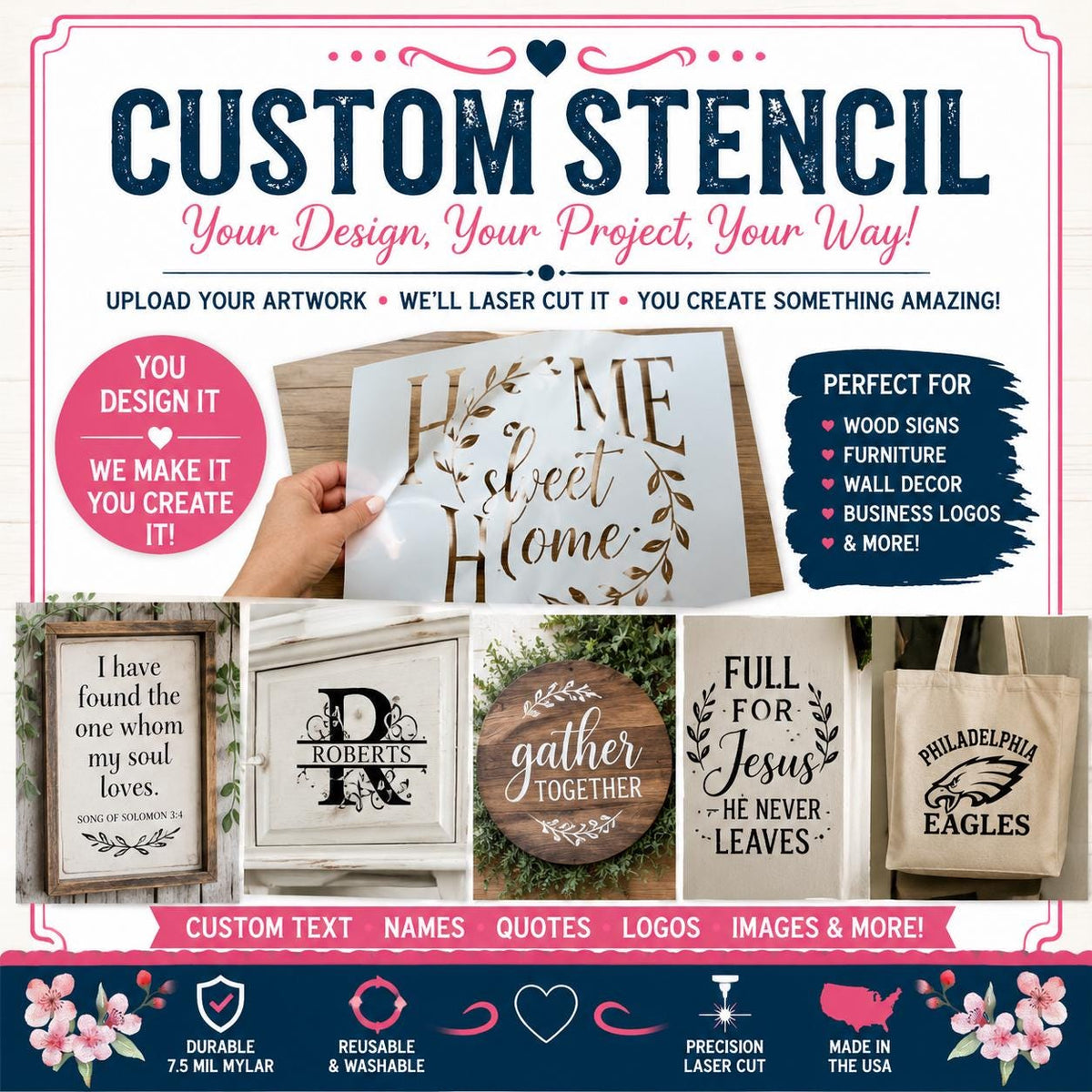 The image is an advertisement for a customizable stencil product that allows users to create their own designs, such as home decor items and business logos. It features various examples of stencil designs, including a "Home" stencil, a "Full for Jesus" stencil, and a "Eagles" stencil. The ad highlights the product's ability to create custom text, quotes, logos, and images, and emphasizes the convenience and versatility of the stencils.