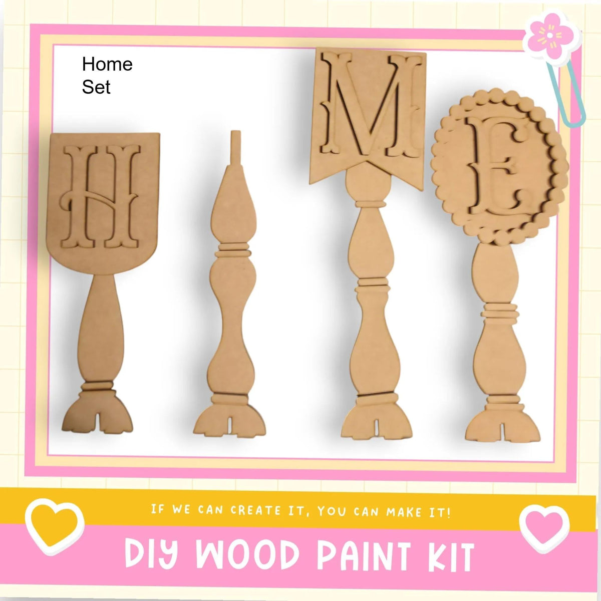 The image is a DIY wood paint kit featuring four wooden pieces with various shapes and designs, including letters and decorative elements.