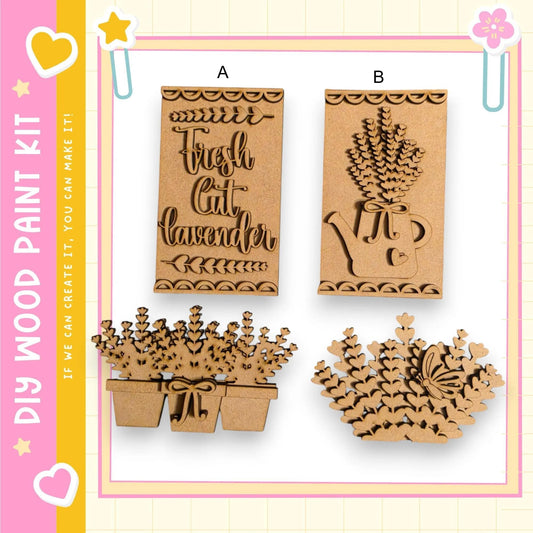 various wooden craft items, including a sign, a plant, and a decorative piece, all of which appear to be made of cardboard.