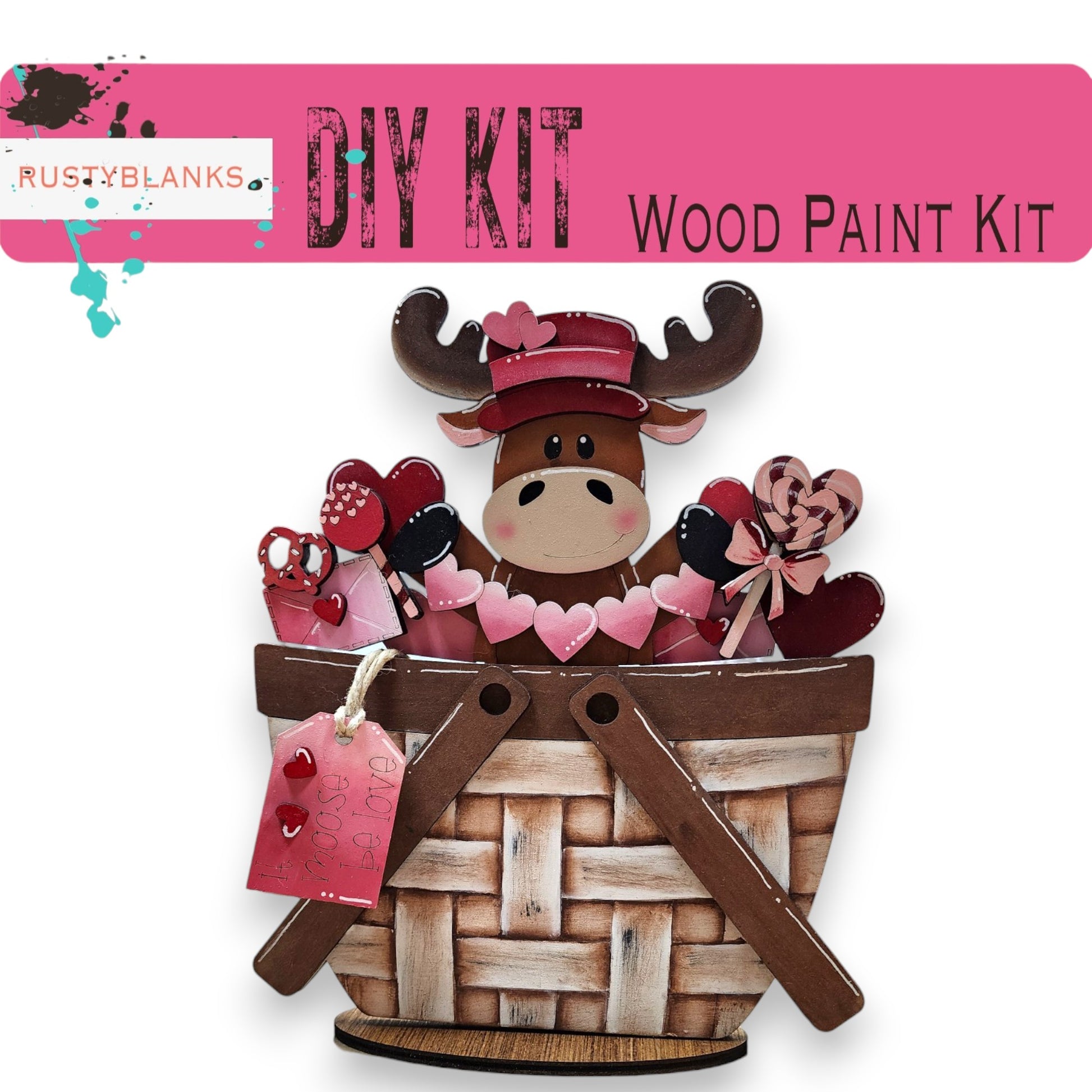 a wooden craft kit with a cow in a basket