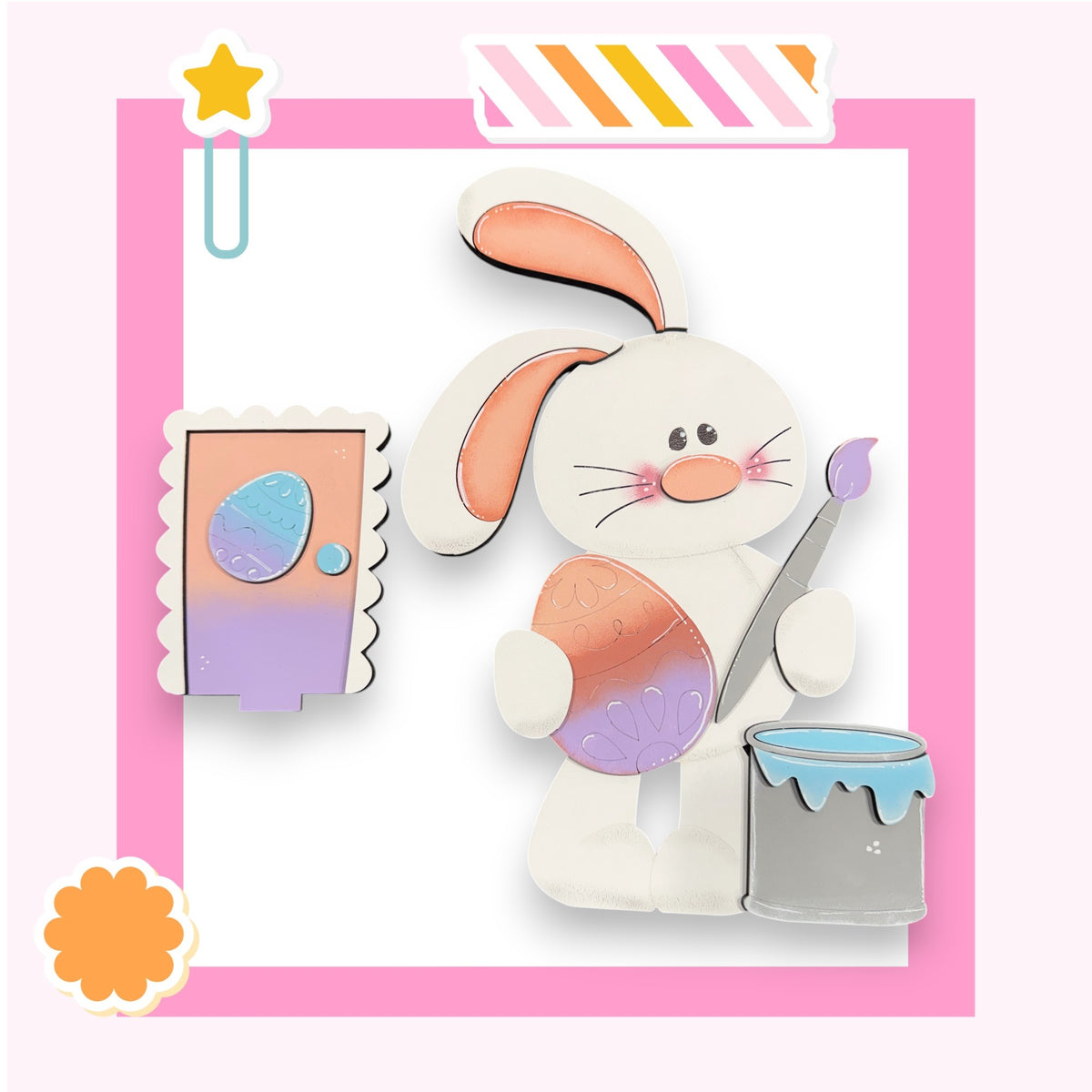 A colorful Easter bunny holding a paintbrush and an Easter egg, set against a pink background with a star decoration.