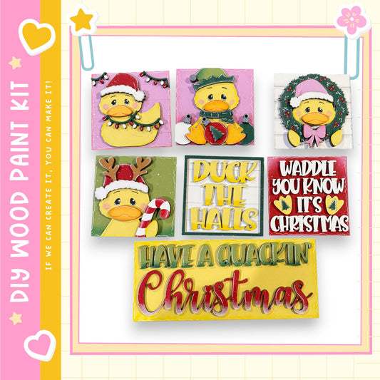 The image is a collage of six colorful Christmas-themed illustrations, including a duck, a reindeer, and a wreath. The collage features various holiday-themed elements such as a Christmas tree, ornaments, and text.