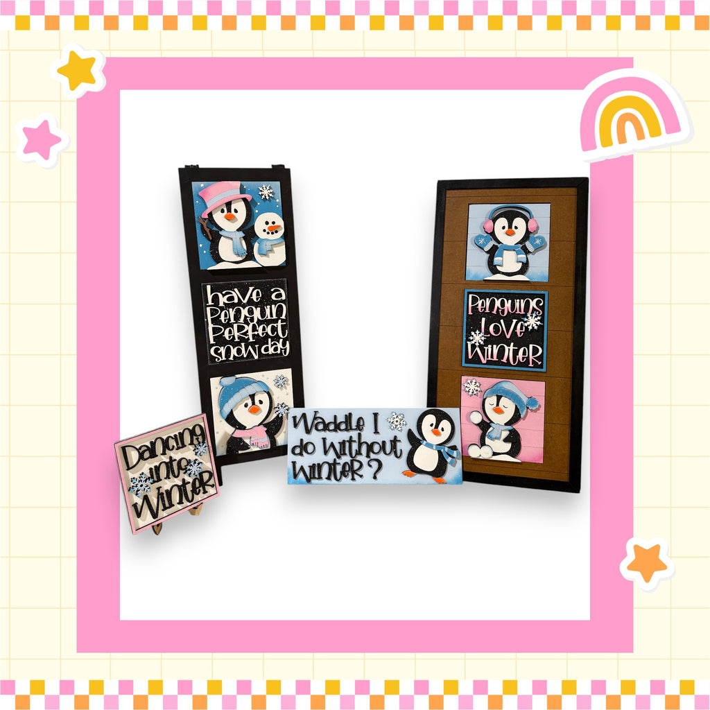 a collection of cartoon penguin-themed items, including a sign that says "Dancing in Winter", a sign that says "Penguins Love Winter", and a sign that says "Wondering if I do without penguins?".