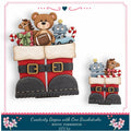 The image is a collage of two images featuring a teddy bear, a football, a robot, and a horse inside Santa's red and white reindeer boots.