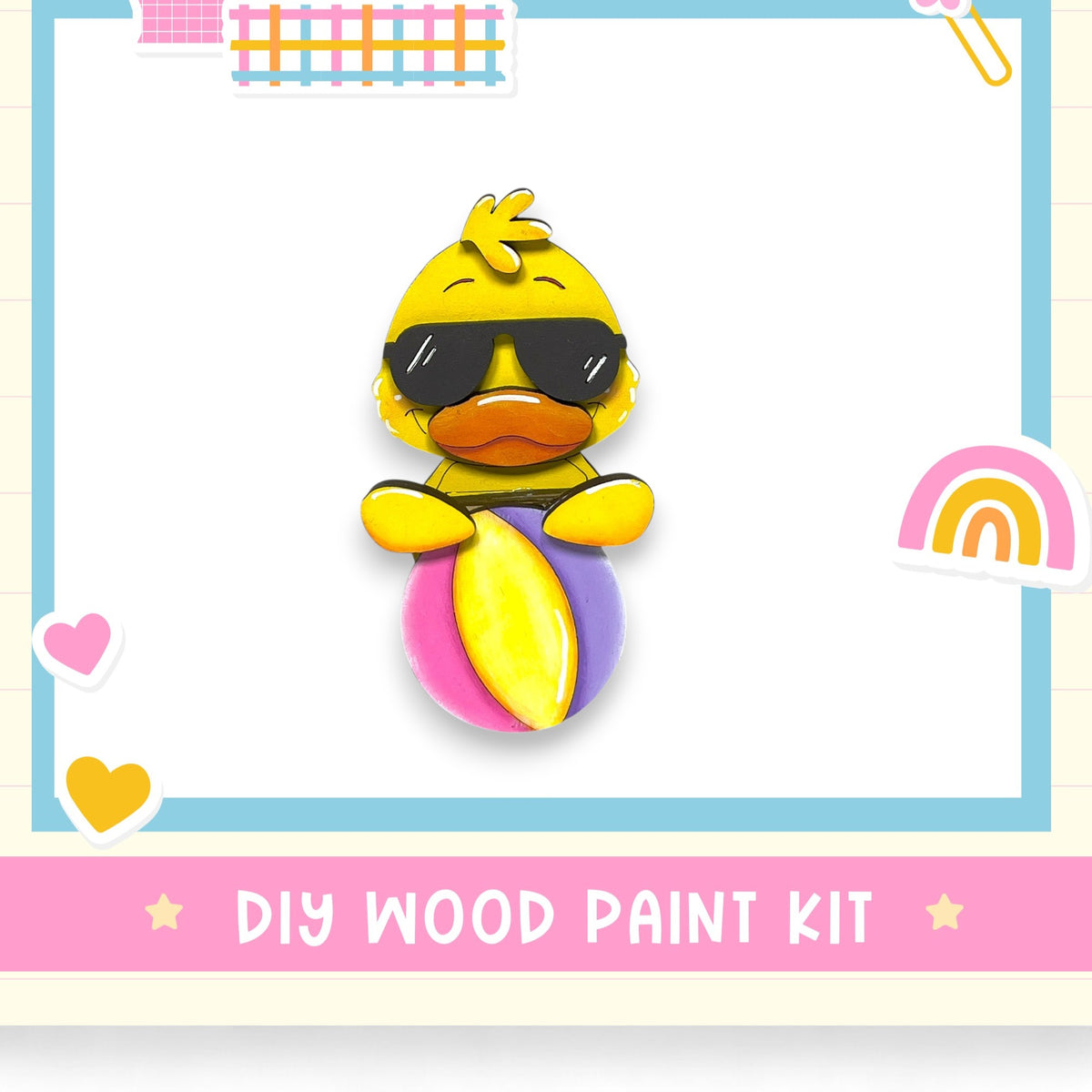 A cheerful yellow duck wearing sunglasses and holding a beach ball, surrounded by colorful stickers and hearts, with the text "DIY WOOD PAINT KIT" displayed.