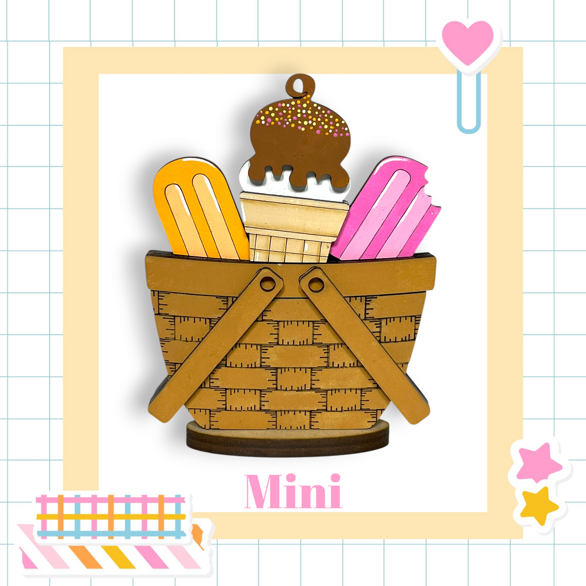 a basket filled with various ice cream treats, including a chocolate ice cream cone, a popsicle, and a popsicle stick.