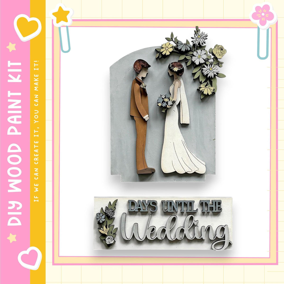 The image is a collage featuring a wooden bride and groom figure, along with the text "DAYS UNTIL THE WEDDING" and decorative elements such as flowers and hearts.