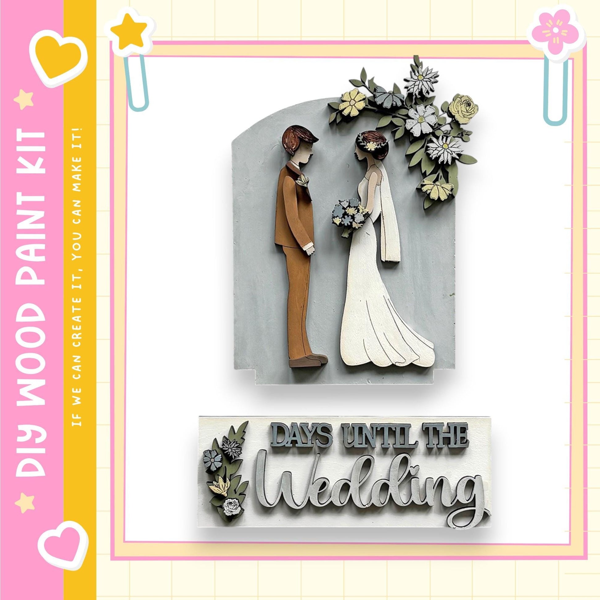 The image is a collage featuring a wooden bride and groom figure, along with the text "DAYS UNTIL THE WEDDING" and decorative elements such as flowers and hearts.